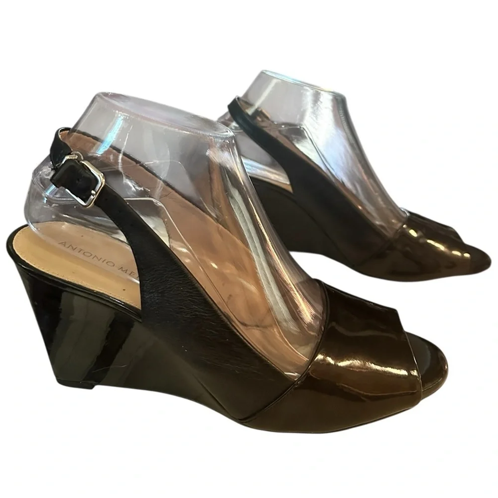 Antonio Melani Black Patent Leather Slingback Wedge Heels Size 9 Peep Toe